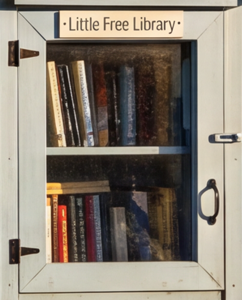 Close-up of the Little Free Library box: a white wooden cabinet with a glass door and two shelves, the upper shelf and lower shelf both full of books seen spine-on.